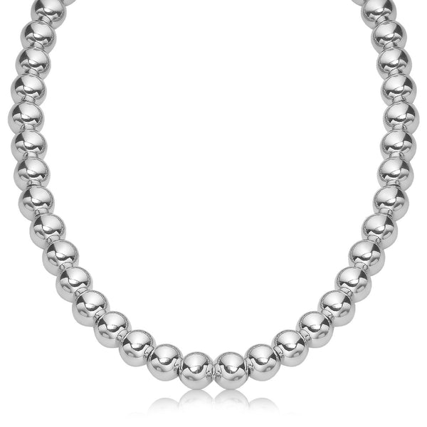Sterling Silver Polished Bead Necklace with Rhodium Plating (10mm)