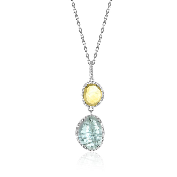 Sterling Silver Layered Blue Topaz, Citrine, and Diamond Pendant