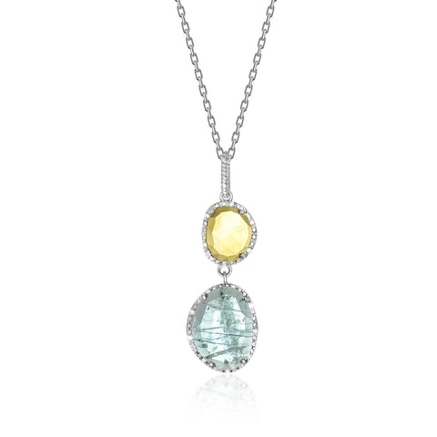 Sterling Silver Layered Blue Topaz, Citrine, and Diamond Pendant
