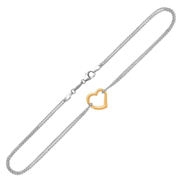 14K Yellow Gold and Sterling Silver Anklet with a Single Open Heart Station