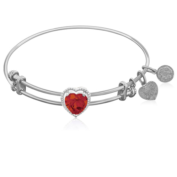 Expandable White Tone Brass Bangle with Red CZ Heart Symbol