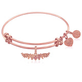 Expandable Pink Tone Brass Bangle with Finish M-Heart-M With Wing Symbol