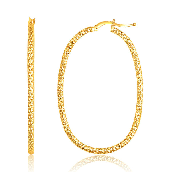 14K Yellow Gold Textured Large Oval Hoop Earrings