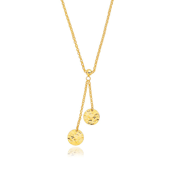 14K Yellow Gold Hammered Disc Lariat 17 inches Necklace
