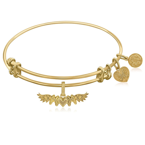 Expandable Yellow Tone Brass Bangle with Finish M-Heart-M With Wing Symbol