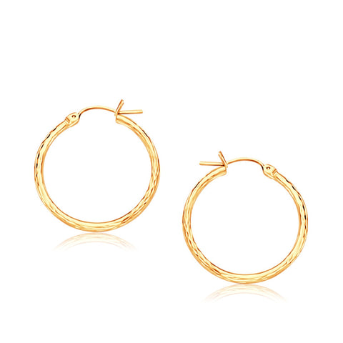 14K Yellow Gold Slender Hoop Earring with Diamond-Cut Finish (25mm Diameter)