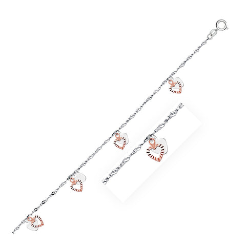 14K White and Rose Gold Anklet with Dual Heart Charms