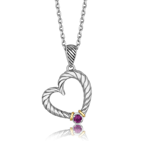 18K Yellow Gold and Sterling Silver Heart Drop Pendant with Amethyst Ornament