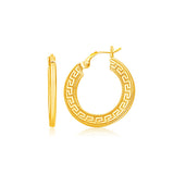 14K Yellow Gold Greek Key Medium Hoop Earrings with Flat Sides