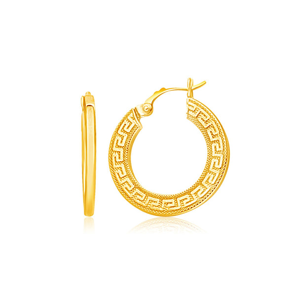 14K Yellow Gold Greek Key Medium Hoop Earrings with Flat Sides