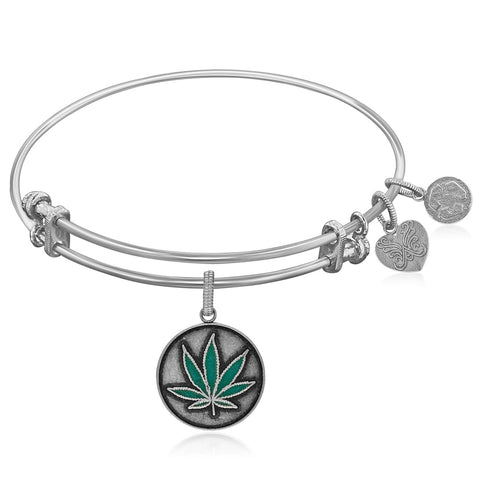 Expandable White Tone Brass Bangle with Cannabis Enamel Symbol