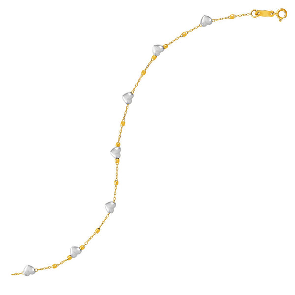 14K Two-Tone Yellow and White Gold Heart and Chain Bracelet