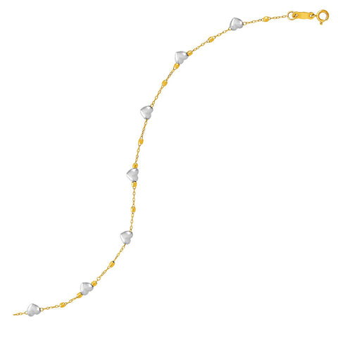 14K Two-Tone Yellow and White Gold Heart and Chain Bracelet