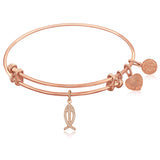 Expandable Pink Tone Brass Bangle with Christian Fish Symbol