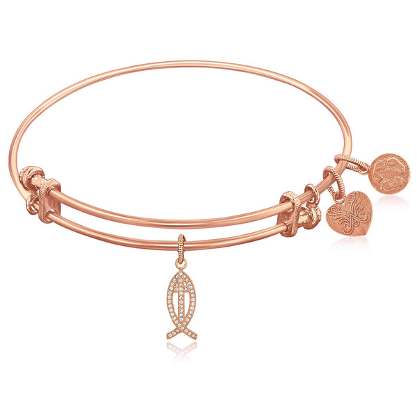 Expandable Pink Tone Brass Bangle with Christian Fish Symbol