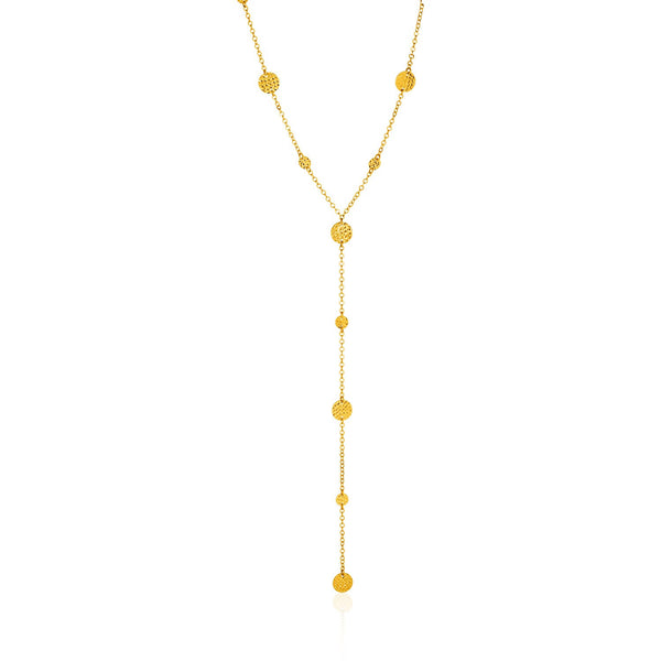 14K Yellow Gold Lariat Necklace with Textured Flat Circles