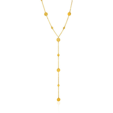 14K Yellow Gold Lariat Necklace with Textured Flat Circles
