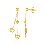 14K Yellow Gold Ball and Butterfly Drop Post Earrings