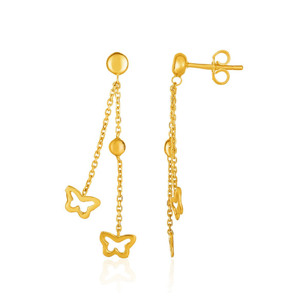 14K Yellow Gold Ball and Butterfly Drop Post Earrings