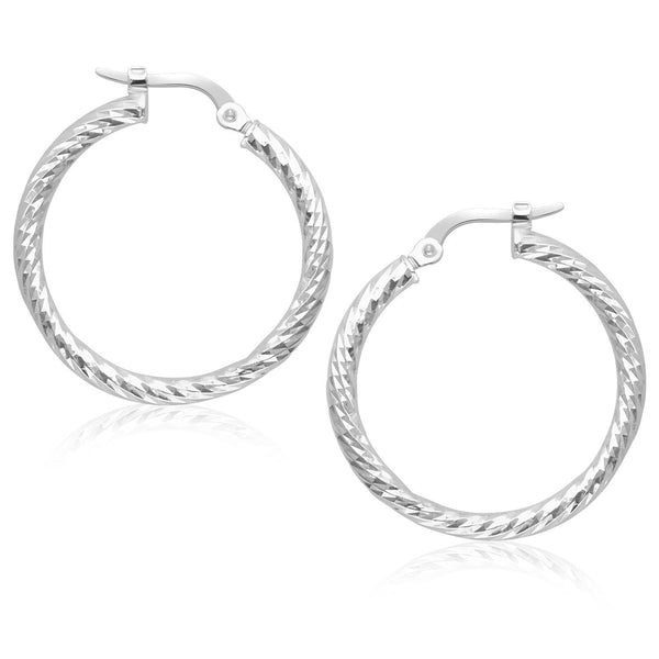 14K White Gold Tube Textured Design Hoop Earrings