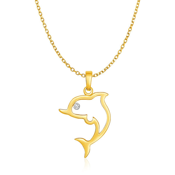 14K Yellow Gold Necklace with Gold and Diamond Open Dolphin Pendant