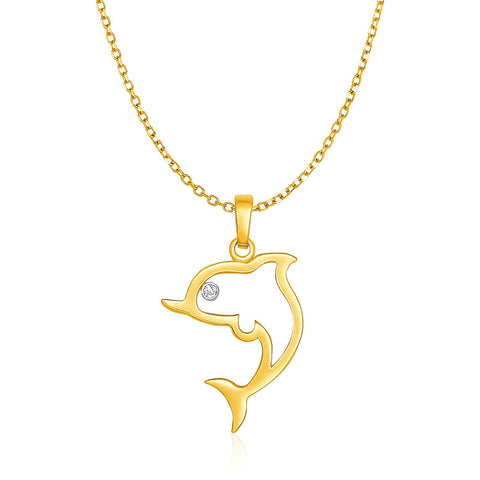 14K Yellow Gold Necklace with Gold and Diamond Open Dolphin Pendant