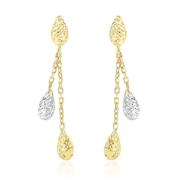 14K Two-Tone Gold Double Row Chain Earrings with Diamond Cut Teardrops