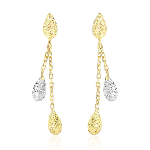 14K Two-Tone Gold Double Row Chain Earrings with Diamond Cut Teardrops