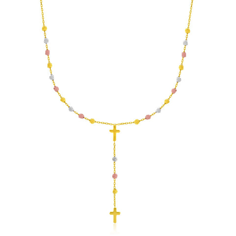 14K Tri-Color Gold Rosary Chain Necklace