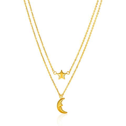 14K Yellow Gold Double-Strand Chain Necklace with Puff Moon and Star