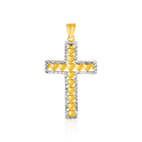 14K Two-Toned Yellow and White Gold Textured Cross Pendant with Hearts