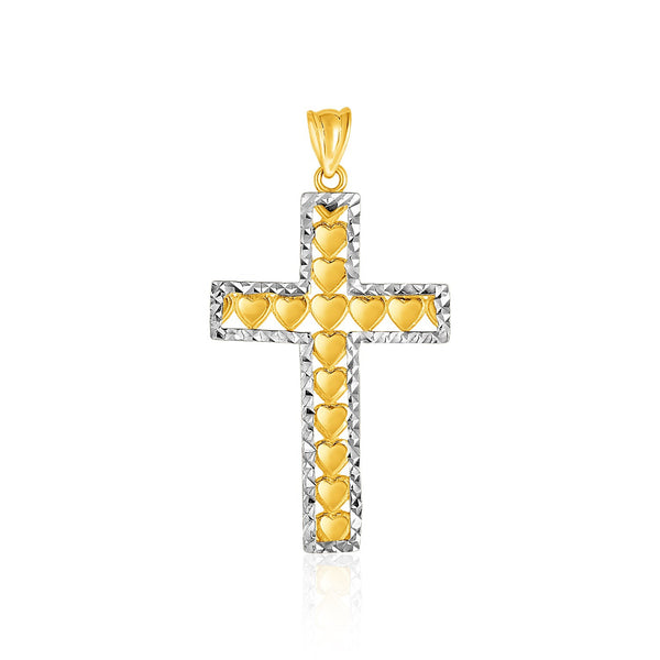 14K Two-Toned Yellow and White Gold Textured Cross Pendant with Hearts