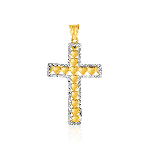 14K Two-Toned Yellow and White Gold Textured Cross Pendant with Hearts