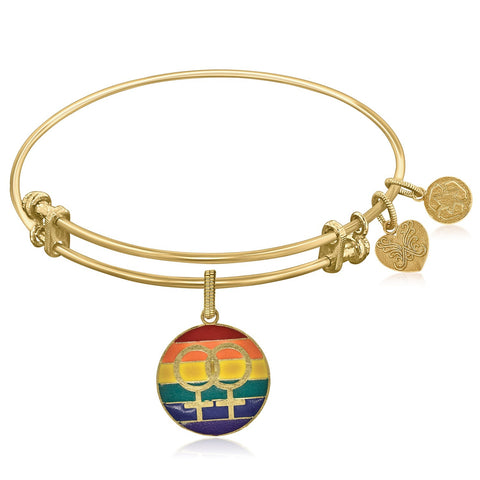 Expandable Yellow Tone Brass Bangle with LGBTQ Pride Enamel Symbol