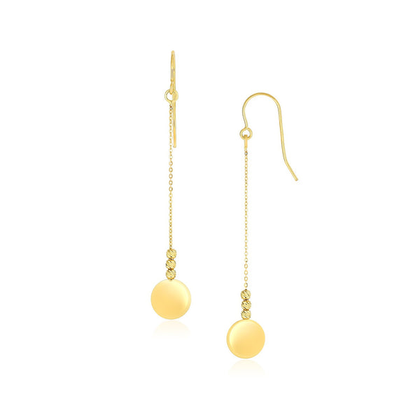 14K Yellow Gold Bead and Shiny Disc Drop Earrings