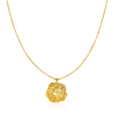 14K Yellow Gold Necklace with Round Diamond Cut Leaf Pattern Pendant
