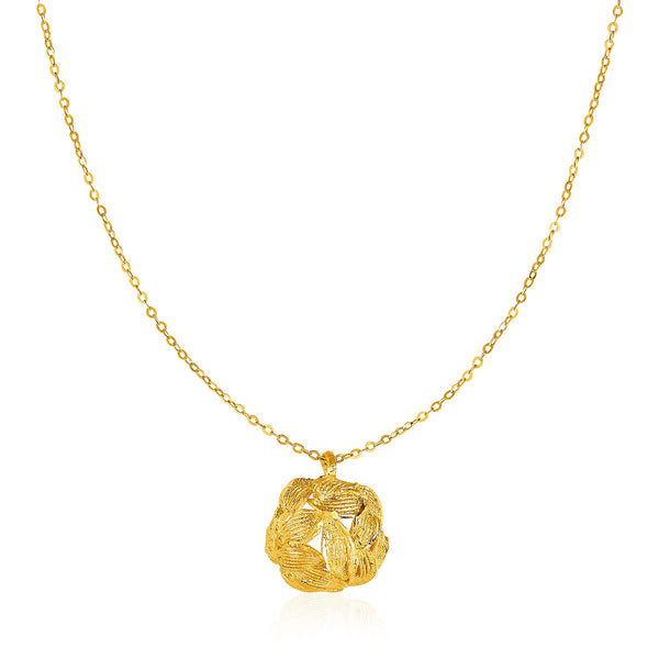 14K Yellow Gold Necklace with Round Diamond Cut Leaf Pattern Pendant