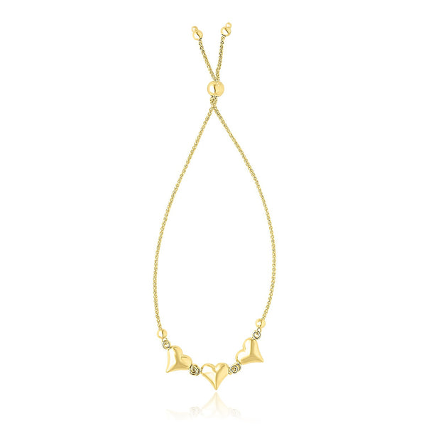 14K Yellow Gold Adjustable Puffed Heart Stations Lariat Style Bracelet