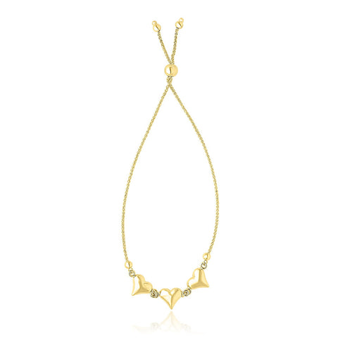 14K Yellow Gold Adjustable Puffed Heart Stations Lariat Style Bracelet