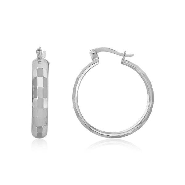 14K White Gold Geometric Textured Hoop Style Earrings