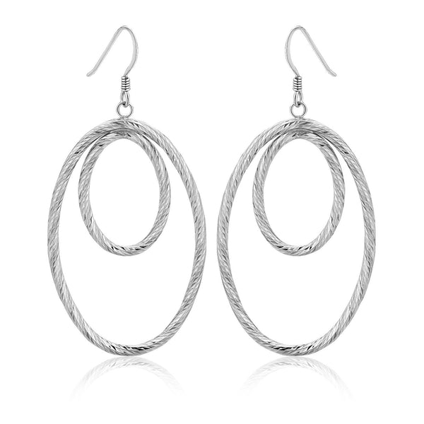 Sterling Silver Textured Dual Open Oval Drop Style Earrings
