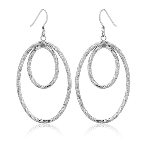 Sterling Silver Textured Dual Open Oval Drop Style Earrings