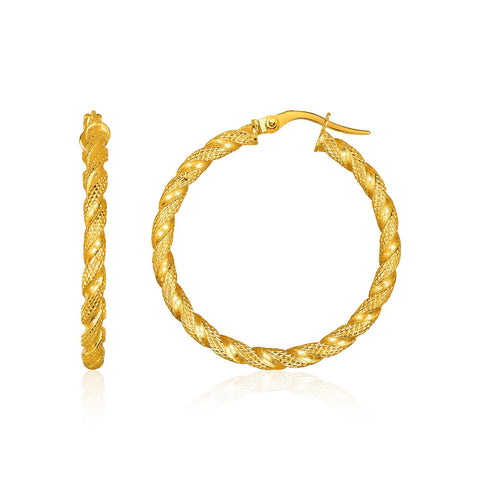 14K Yellow Gold Rope Textured Hoop Earrings