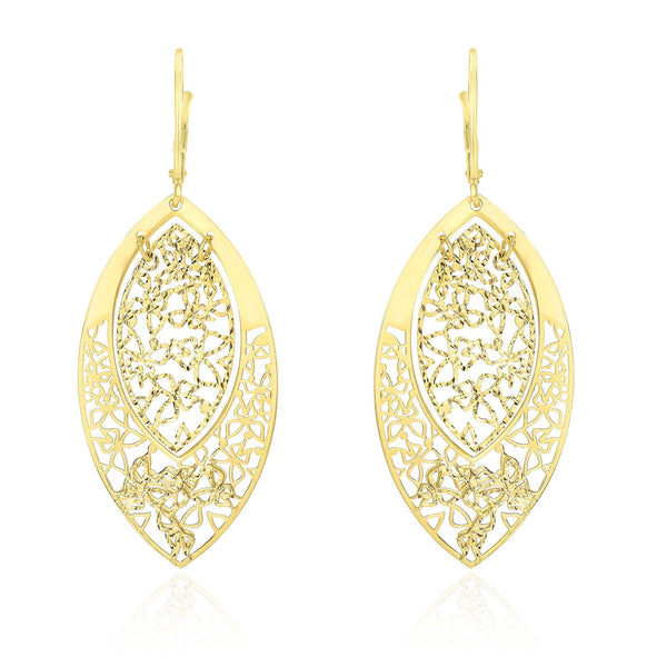 14K Yellow Gold Butterfly Filigree Design Marquis Earrings