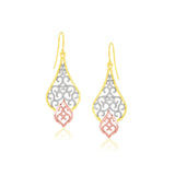 10K Tri-Color Gold Filigree Motif Fancy Drop Earrings