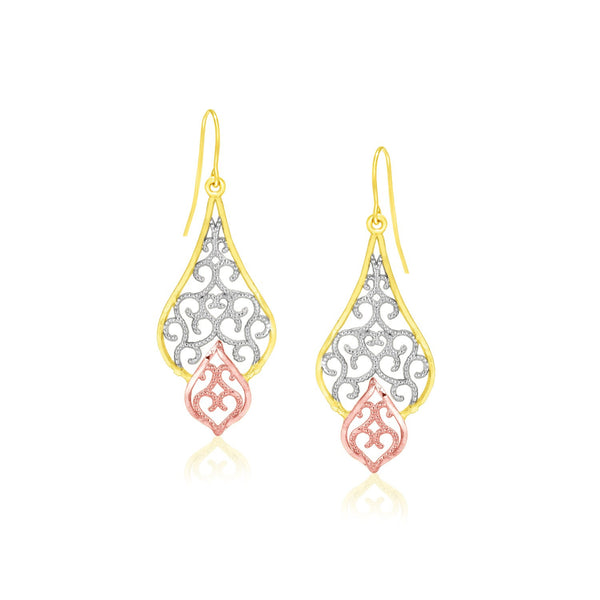 10K Tri-Color Gold Filigree Motif Fancy Drop Earrings