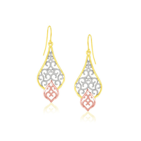 10K Tri-Color Gold Filigree Motif Fancy Drop Earrings