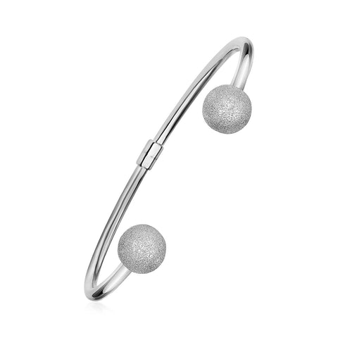 Hinged Cuff Bangle with Textured Finish Ball Ends in Sterling Silver