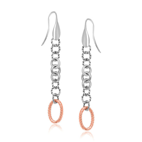 18K Rose Gold & Sterling Silver Oval and Circle Rope Motif Dangling Earrings