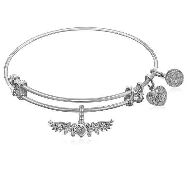 Expandable White Tone Brass Bangle with Finish M-Heart-M With Wing Symbol